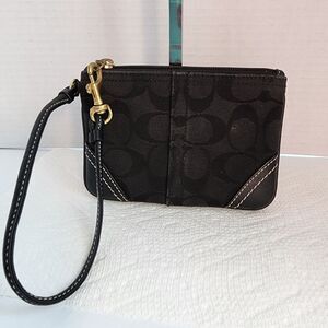 Coach Canvas Wristlet Coin Purse Card Holder Black Signature C Logo Leather Trim